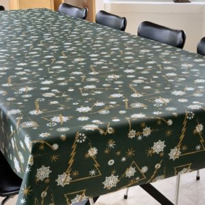 Textildug Grøn med guld juletræer og snefnug, antiskrid, 140 cm, E84402