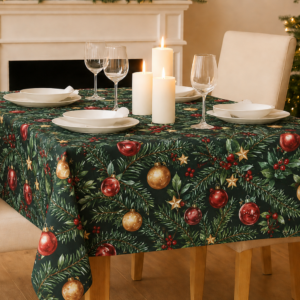 Julevoksdug Grøn med Julekugler, 140 cm, G5091-03 fra munketex